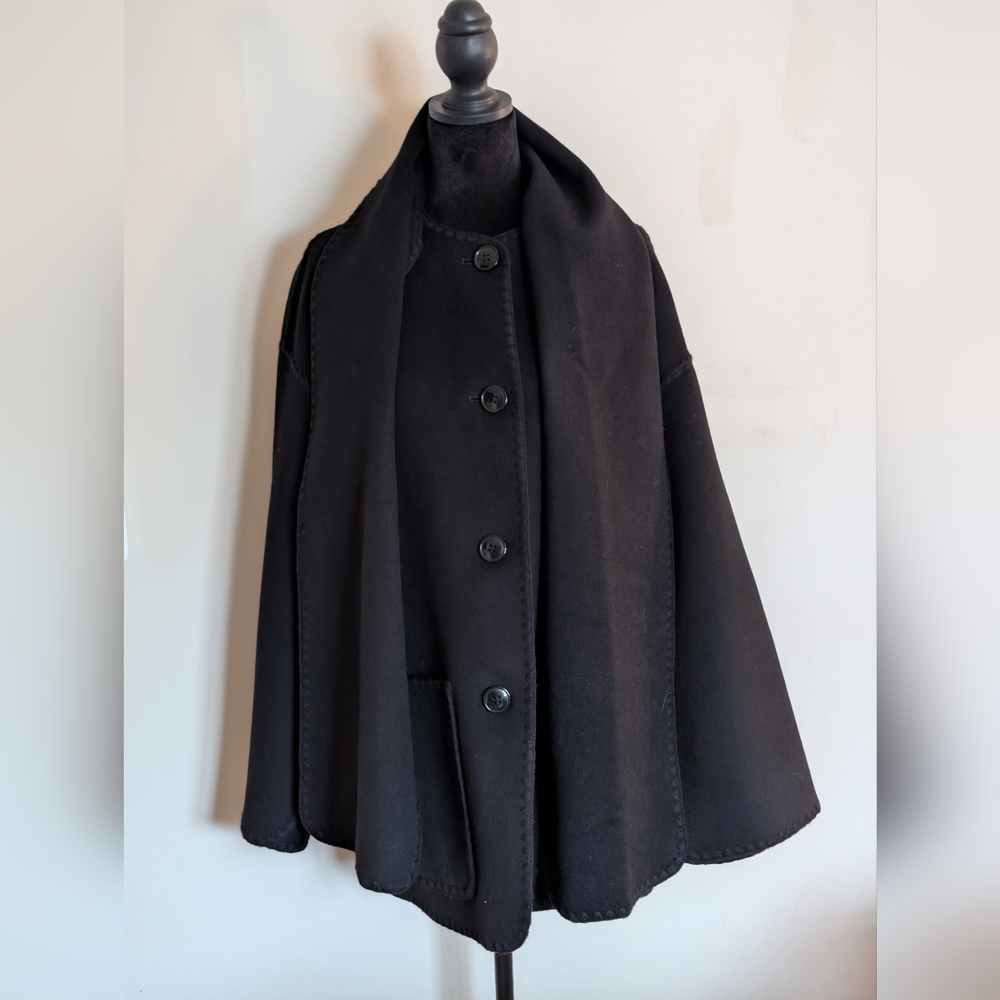 Quince Double Faced Merino Wool Scarf Coat Black Button-Front Cape Coat Medium